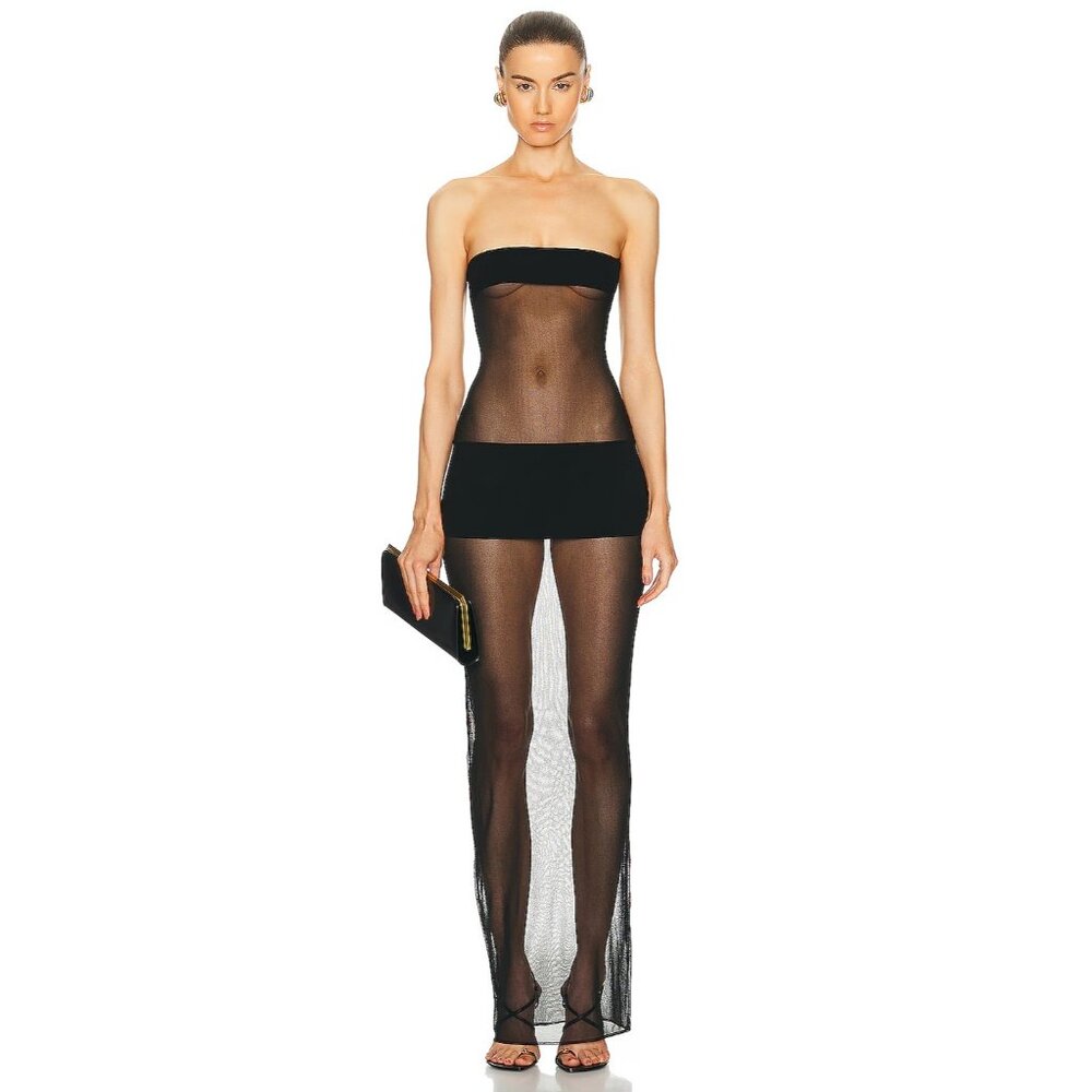 MONOT Contrasting Bands Strapless Dress Black